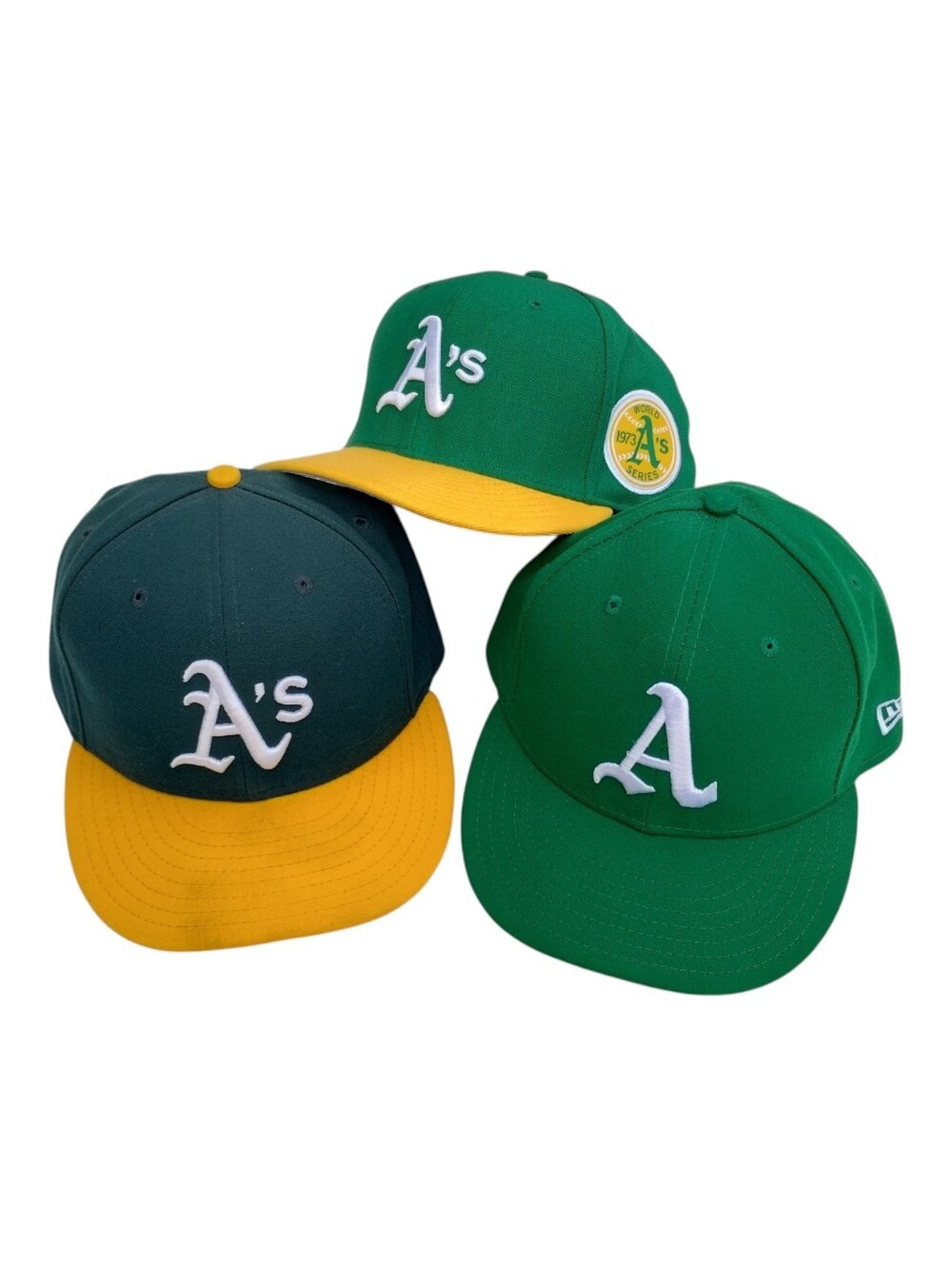 Lot Of 3 Athletics New Era Hats Size 7 1/2 Adult Men's Green Gold Yellow Cap